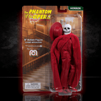 Mego 8-inch Phantom of the Opera figure with skull mask and red cloak displayed in collectible horror packaging