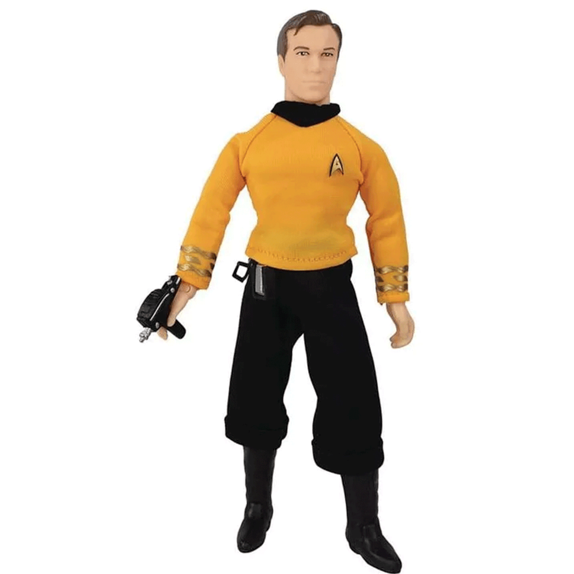 Mego 8-inch Star Trek action figure wearing classic yellow uniform and holding a phaser accessory from retro collection