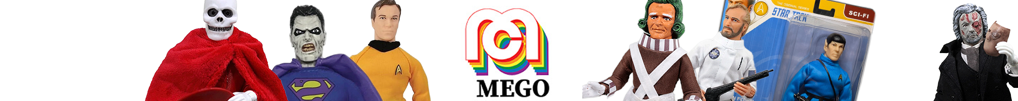 Row of vintage-style action figures and dolls posing with the colorful MEGO logo in the center above them.