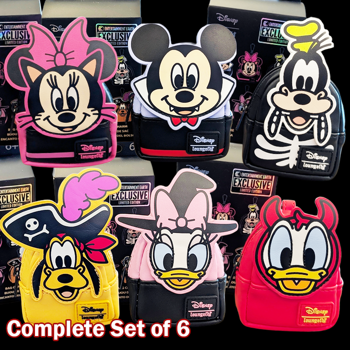 Complete set of six Disney Loungefly mini-backpack bag charms featuring classic Disney characters in Halloween designs