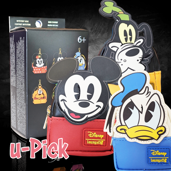 Mini-Loungefly Disney Mickey Mouse Sensational Six Cosplay U-PICK Bag Charm Key Chains new in box by Loungefly with classic character faces