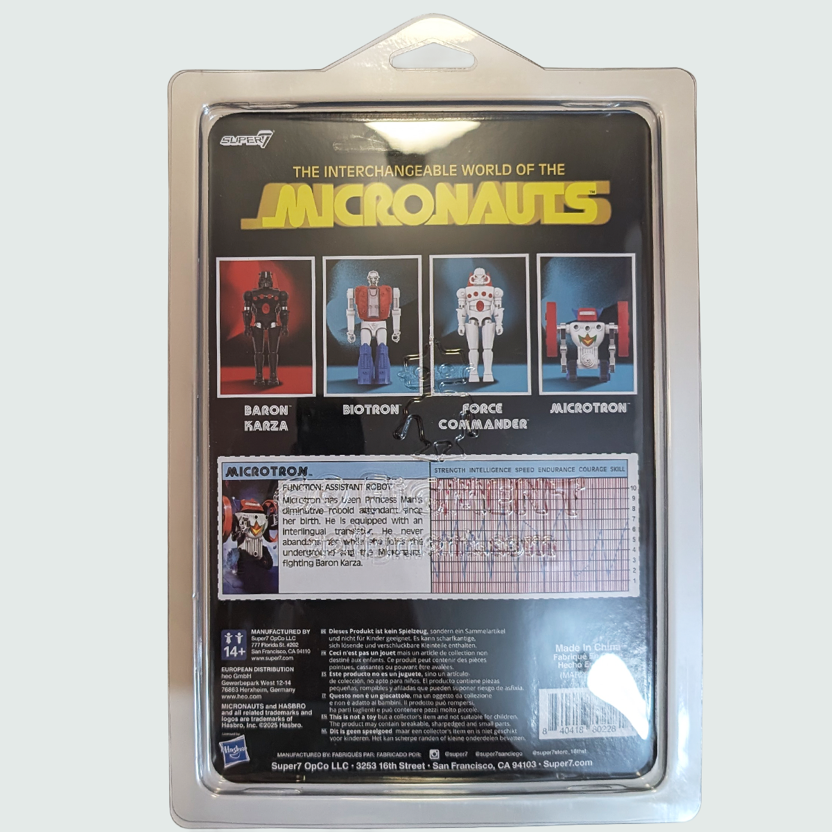 Microtron 3.75-Inch ReAction+ Figure by Super7 in original blister packaging, back view