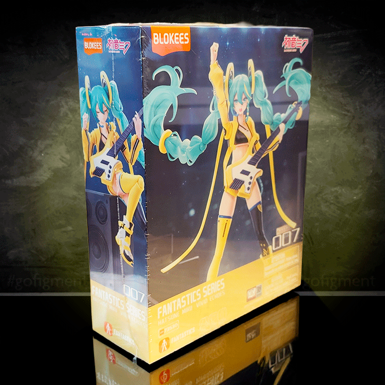 Blokees Hatsune Miku Vivid Echoes model kit from Fantastics Series featuring dynamic pose with guitar and teal twin tails