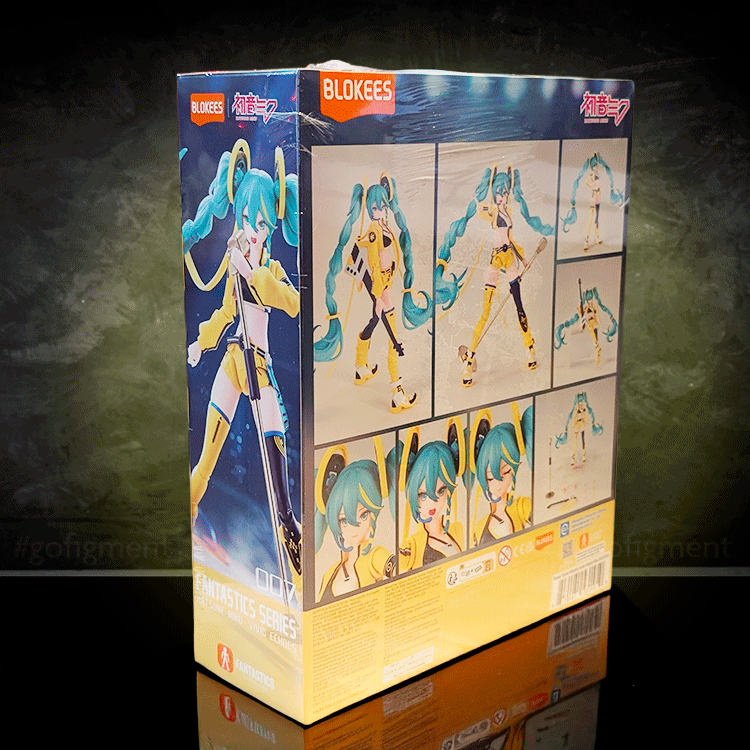 Blokees Hatsune Miku Vivid Echoes model kit showcasing digital diva with blue hair and yellow outfit poses
