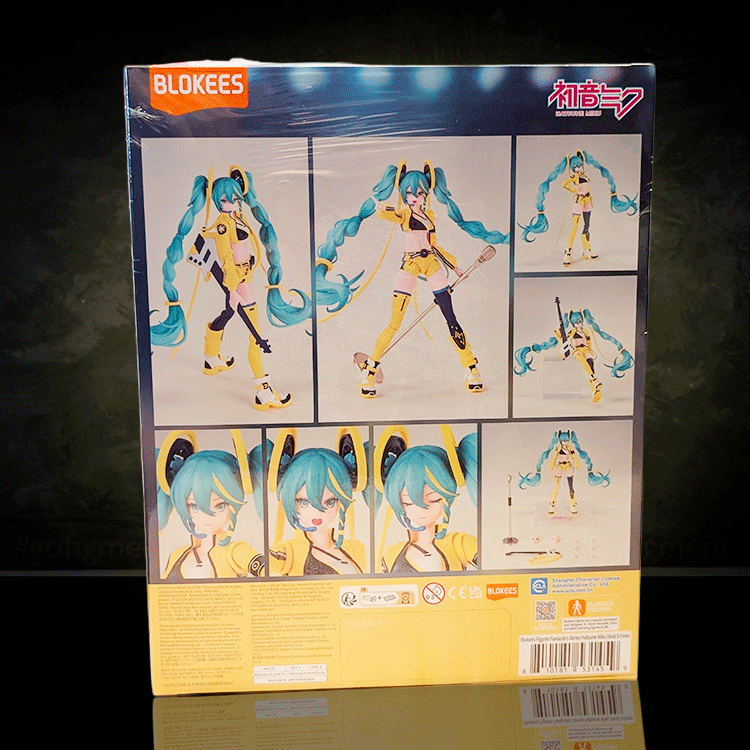 Blokees Hatsune Miku Vivid Echoes model kit box showing multiple poses and facial expressions in yellow outfit