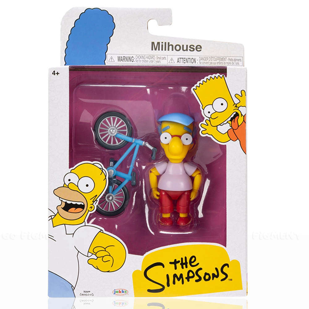 Milhouse with Bicycle Wave 3 Action Figure The Simpsons 5in Scale by Jakks Pacific in packaging with blue bike and character design.