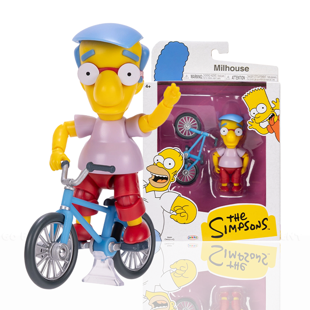 Milhouse with Bicycle Wave 3 Action Figure The Simpsons 5in Scale by Jakks Pacific posed on blue bike with packaging behind.