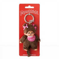 4" Monchhichi Keychain - Classic Girl with Pig Tails Mascot - Authentic Plush Mascot, NWT by Sekiguchi on red card background
