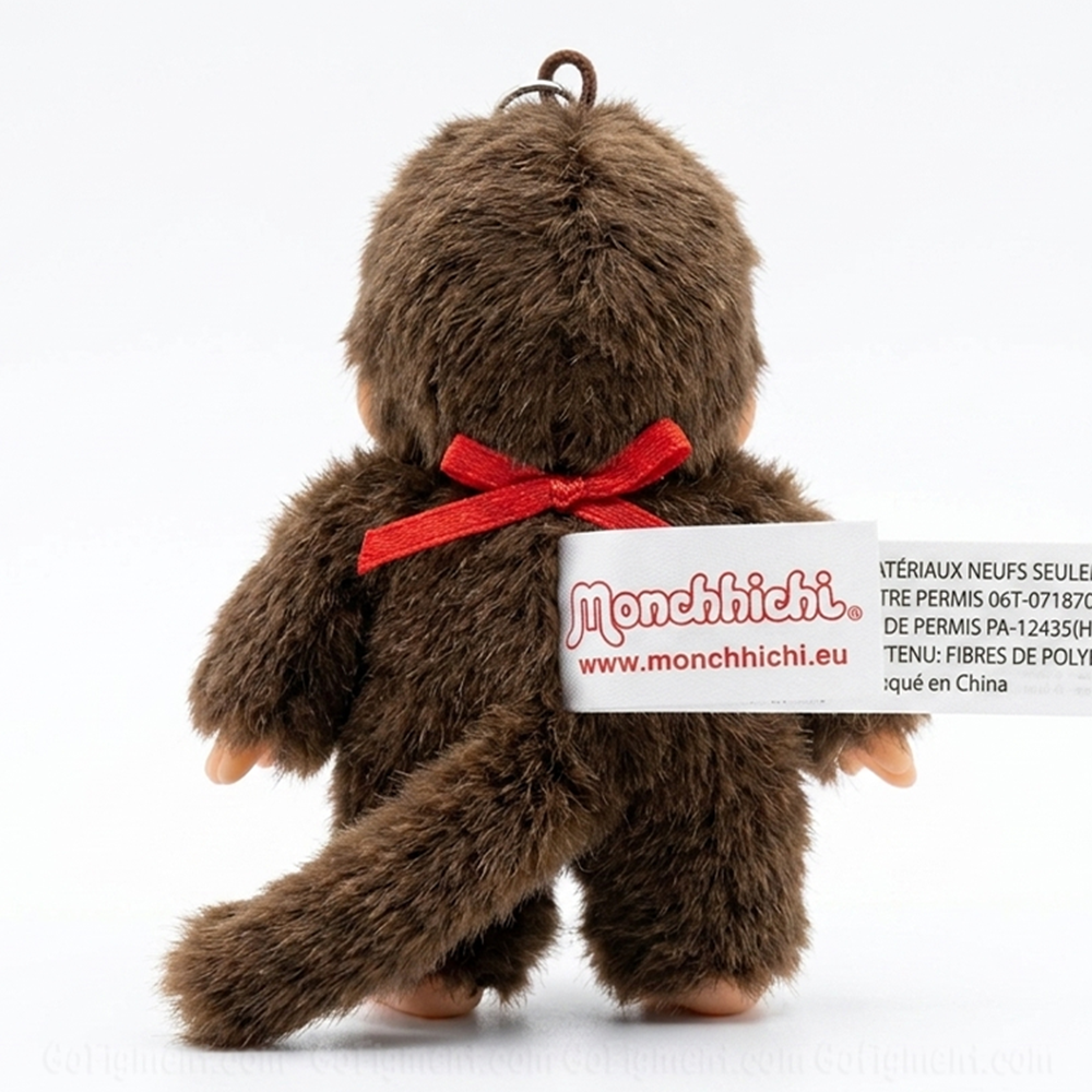 4" Monchhichi Keychain - Classic Girl with Red Bib Macot - Authentic Plush Mascot, NWT by Sekiguchi back view