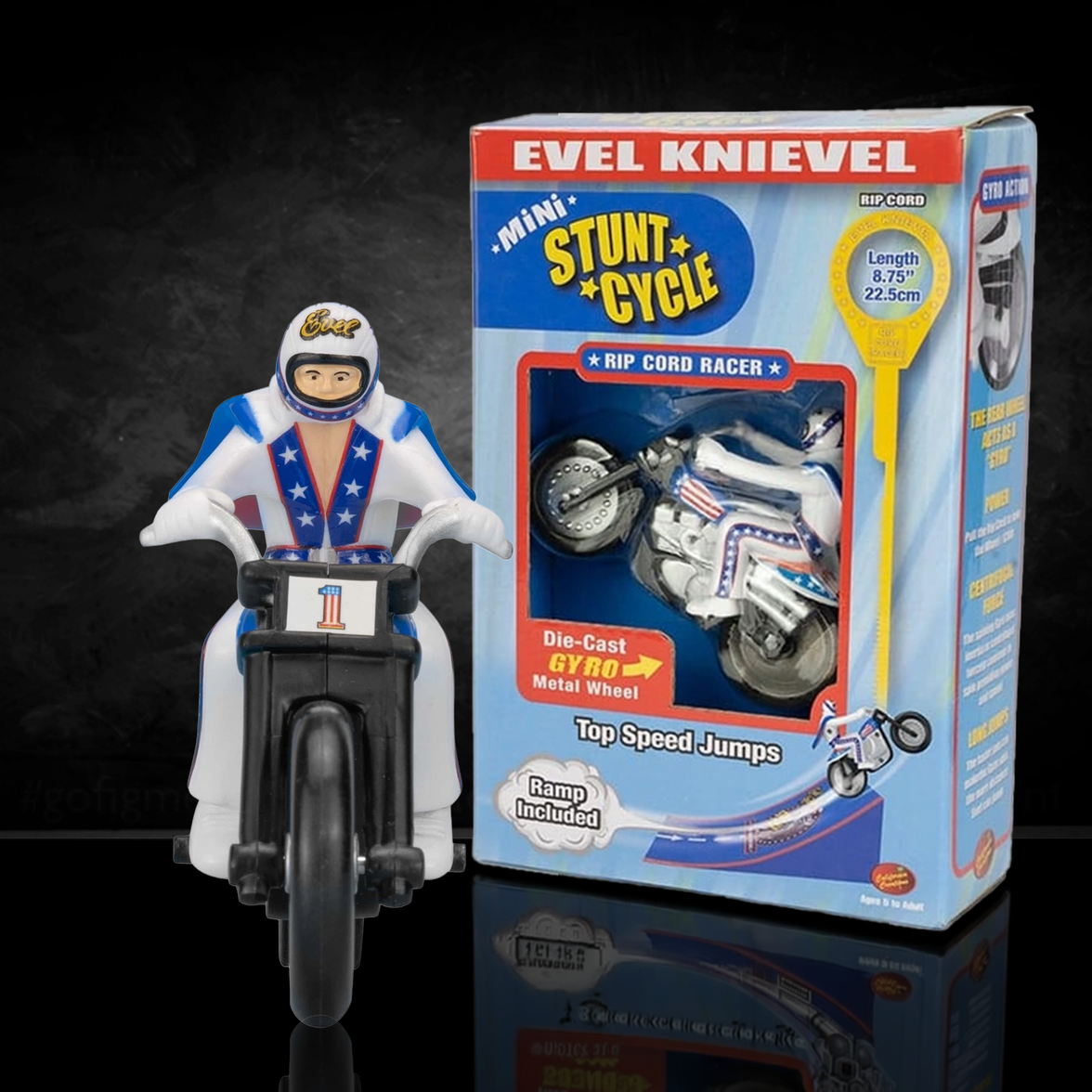 The Original 1970's Evel Knievel Stunt Cycle MINI RIP CORD Racer by Go Figment with die-cast metal wheels and ramp accessory