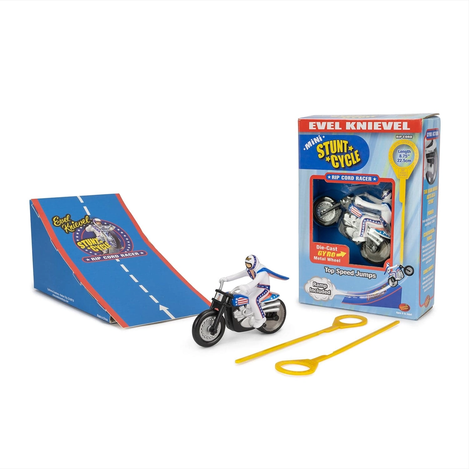 The Original 1970's Evel Knievel Stunt Cycle MINI RIP CORD Racer by Go Figment with ramp and pull cords collectible