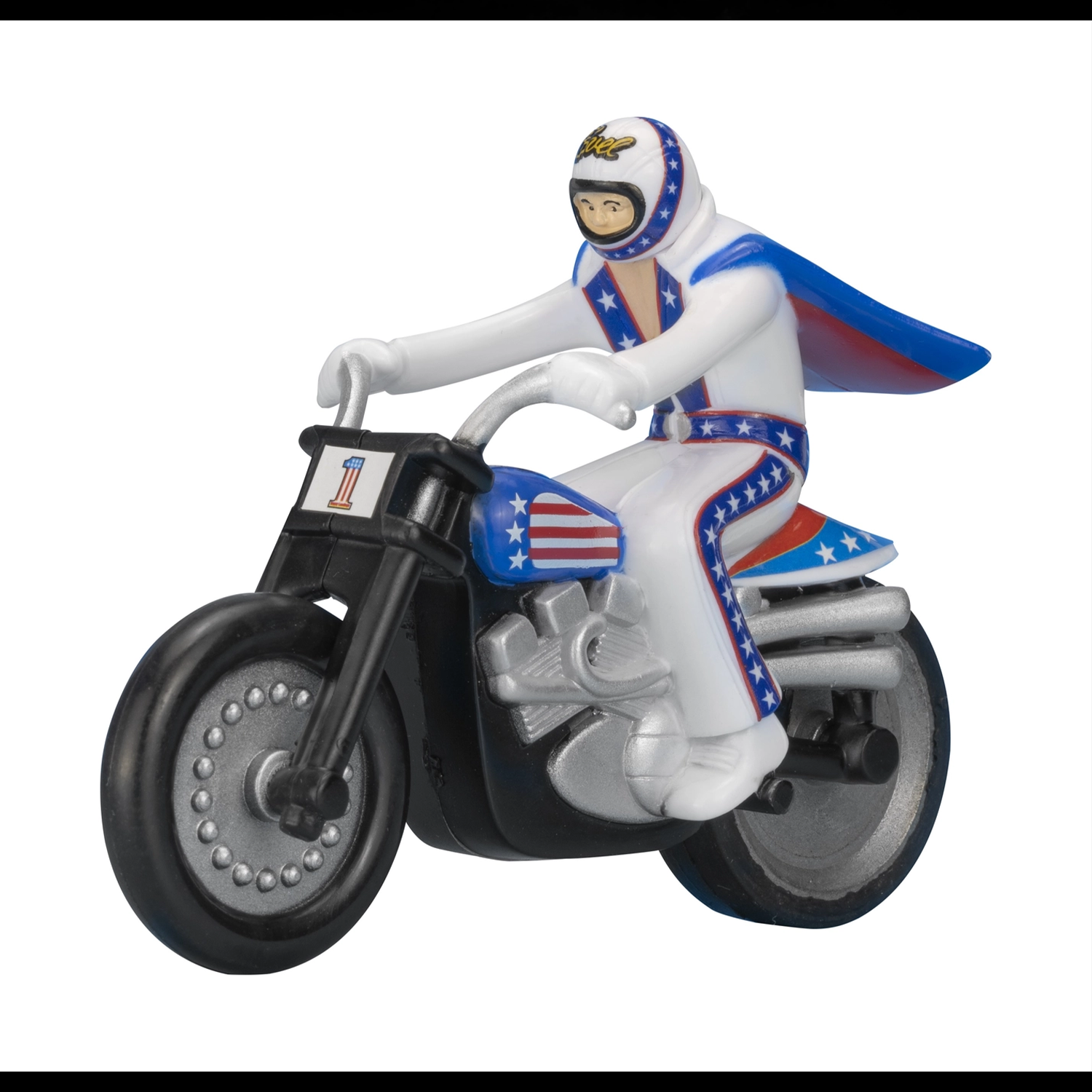 The Original 1970's Evel Knievel Stunt Cycle MINI RIP CORD Racer by Go Figment with red, white, and blue suit and cape