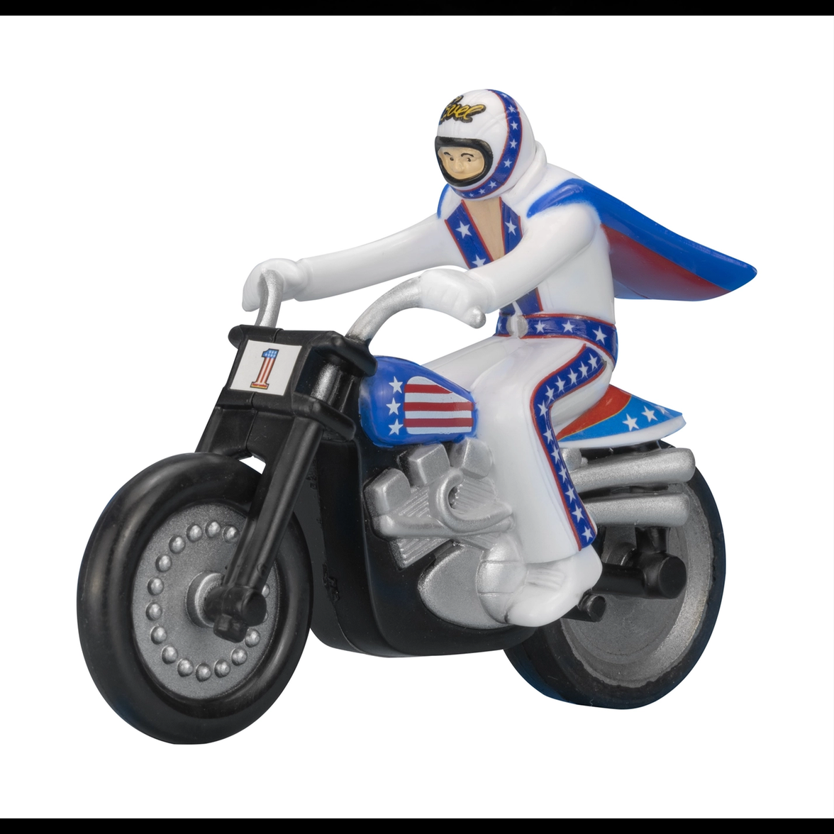 The Original 1970's Evel Knievel Stunt Cycle MINI RIP CORD Racer by Go Figment with red, white, and blue suit and cape
