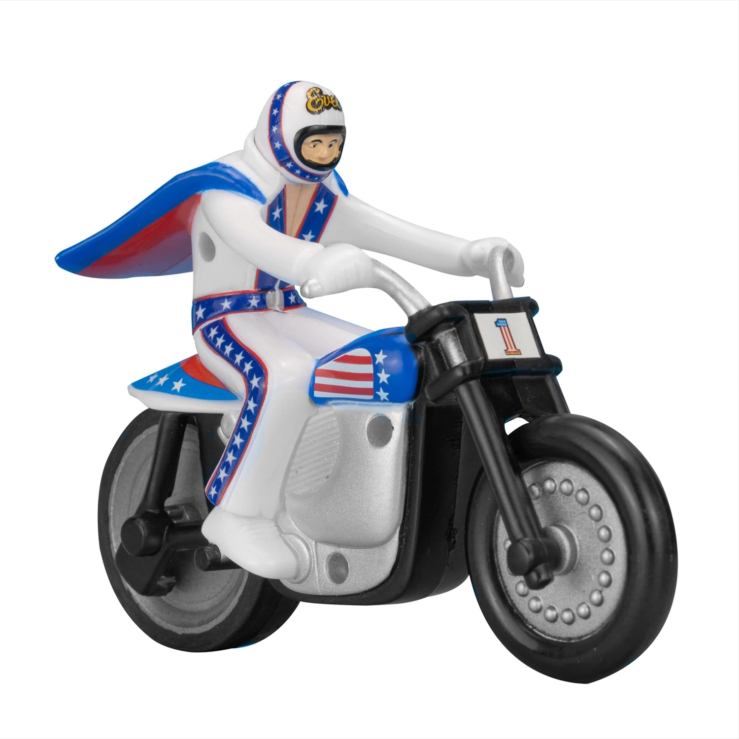 The Original 1970's Evel Knievel Stunt Cycle MINI RIP CORD Racer by Go Figment with patriotic suit and cape collectible toy