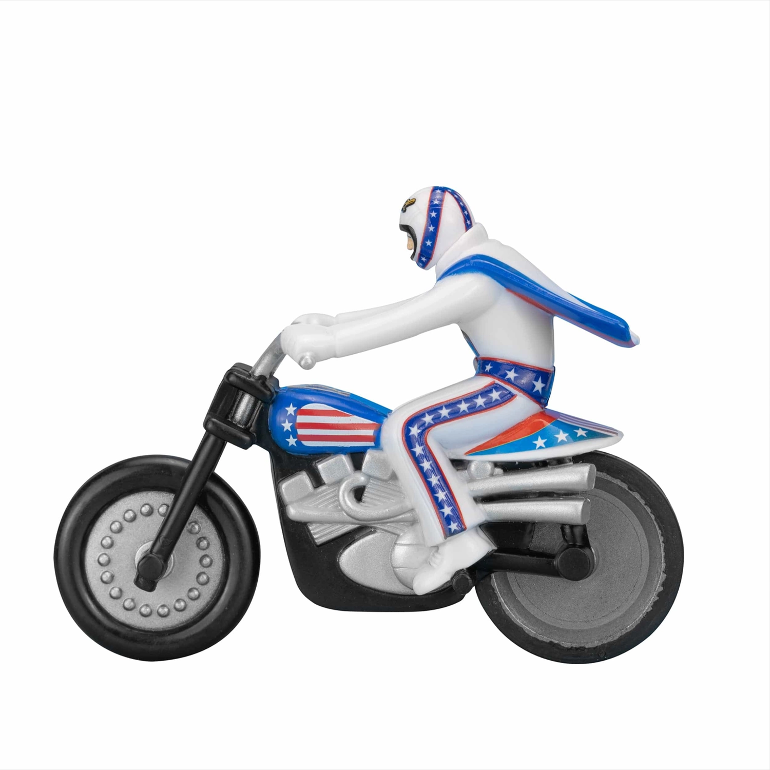 The Original 1970's Evel Knievel Stunt Cycle MINI RIP CORD Racer by Go Figment with patriotic costume and blue cape