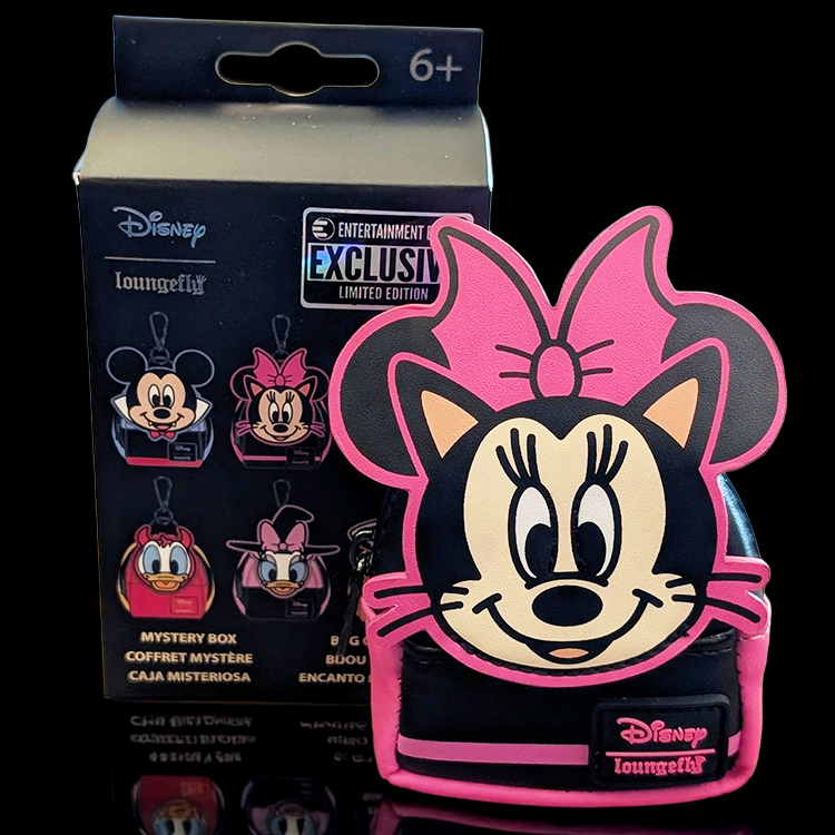 Loungefly Disney Halloween mini backpack bag charm featuring Minnie Mouse with pink bow and black ears