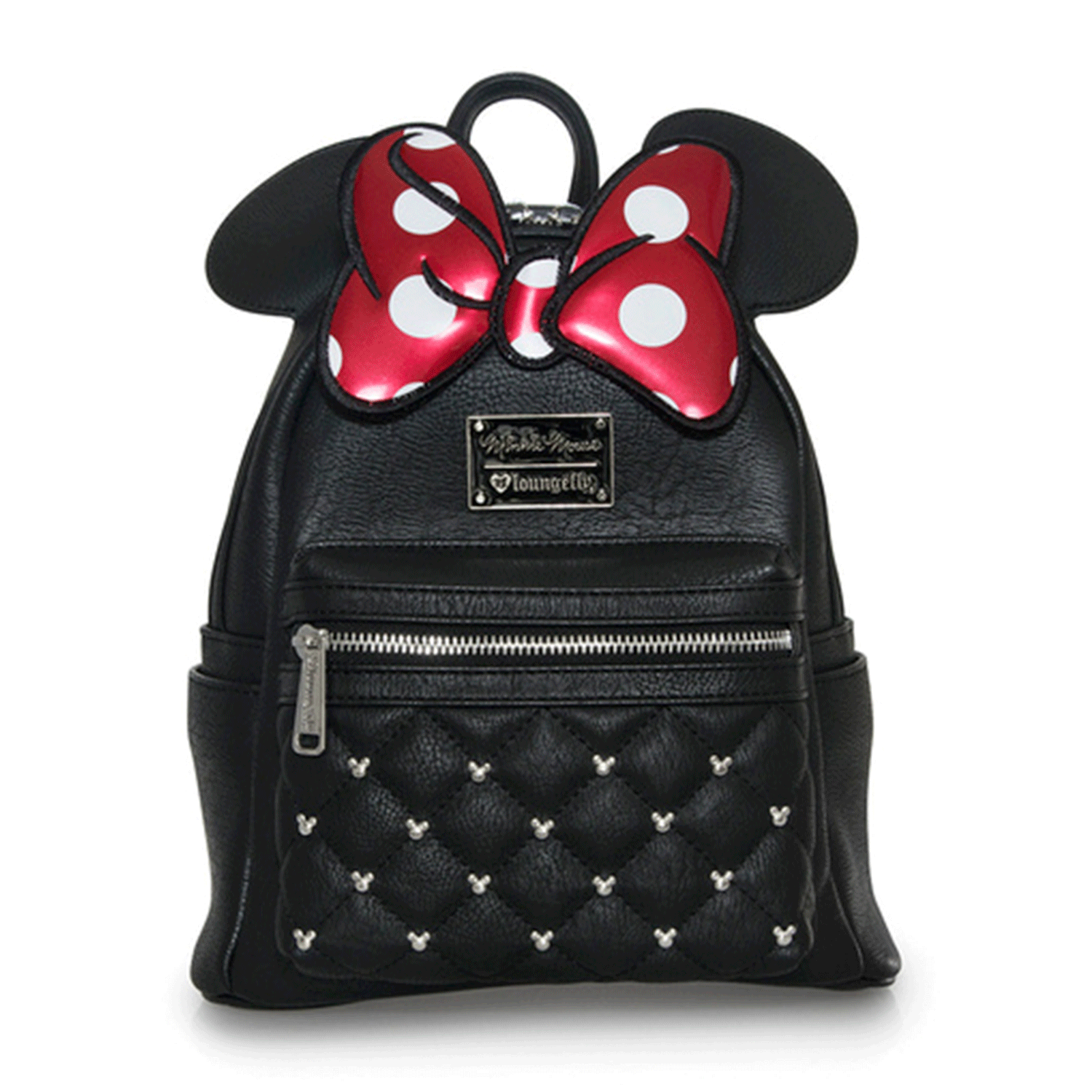 Loungefly mini backpack with black quilted body, silver Mickey studs, red polka dot bow, and 3D Minnie ears