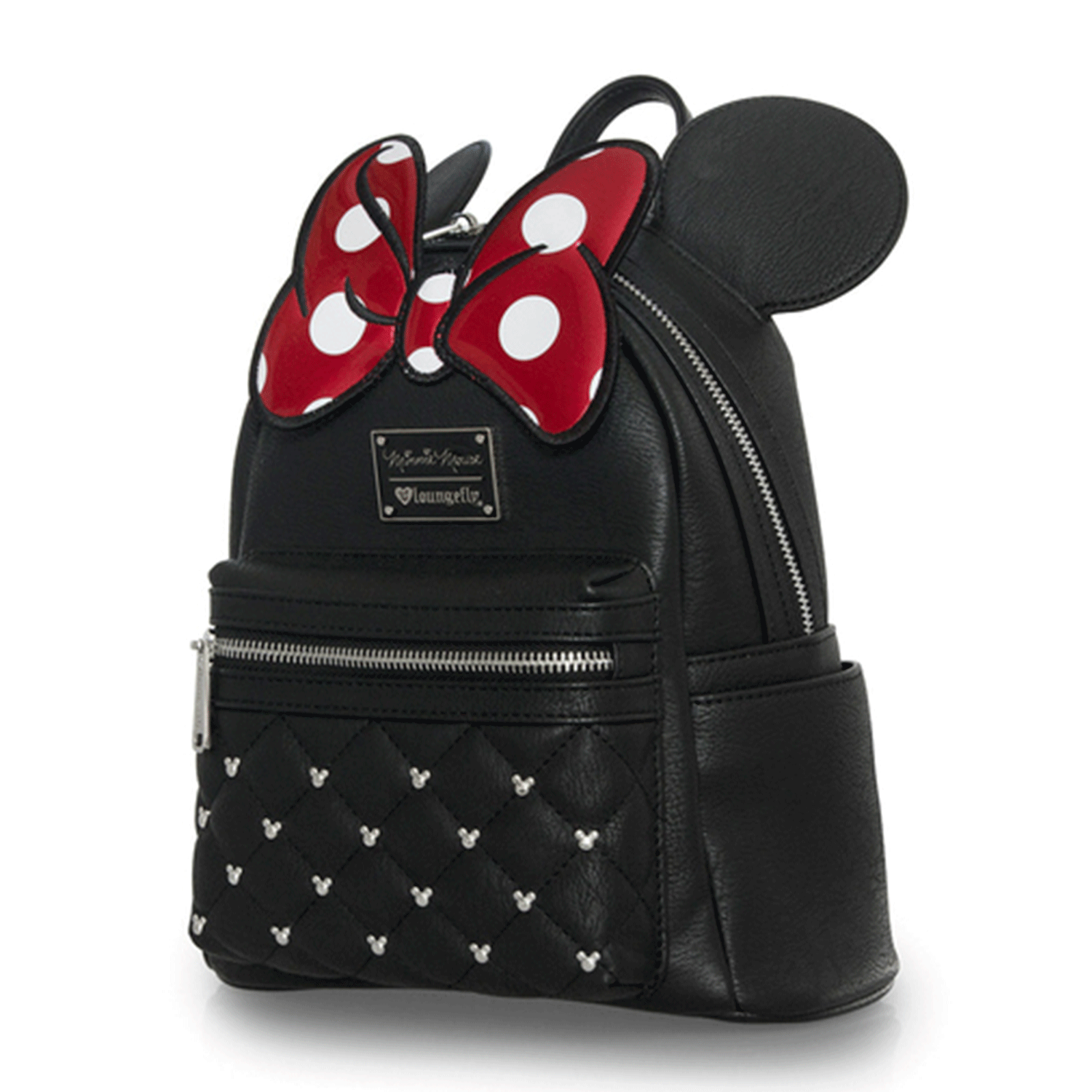 Loungefly mini backpack with black quilted body, silver stud accents, red polka dot bow, and 3D Minnie ears