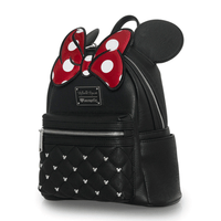 Loungefly mini backpack with black quilted body, silver stud accents, red polka dot bow, and 3D Minnie ears