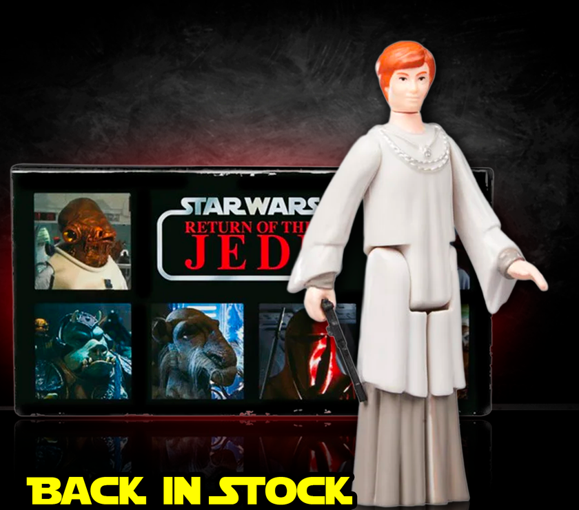 Kenner Mon Mothma Star Wars Retro Collection ROTJ action figure standing in front of vintage Return of the Jedi box
