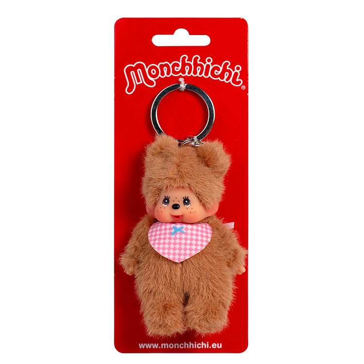 Sekiguchi Monchhichi 4-inch plush keychain with bear-themed design and signature thumb-sucking pose on red card.