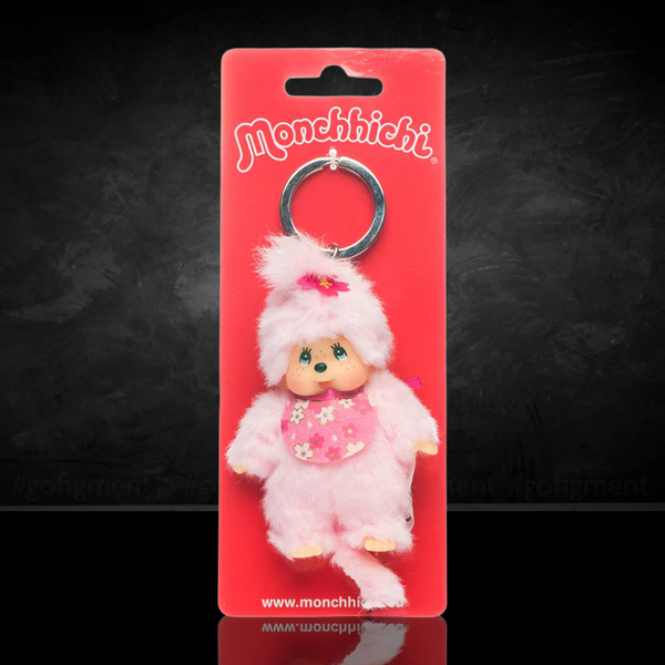 Sekiguchi Monchhichi Cherry Blossom 4-inch plush keychain with soft pink floral outfit and keyring on red card.