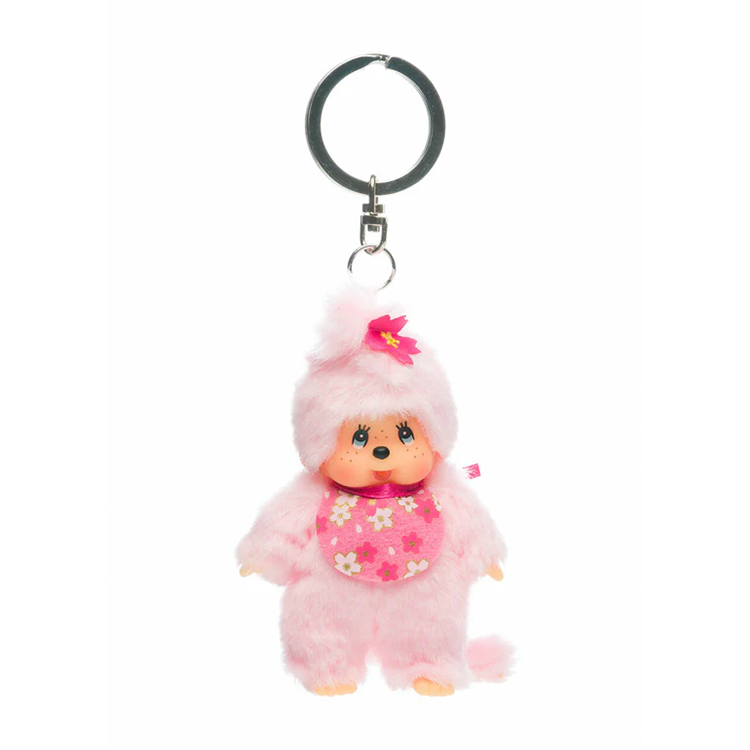 Sekiguchi Monchhichi 4-inch plush keychain with cherry blossom theme, soft pink fur and floral bib accessory.