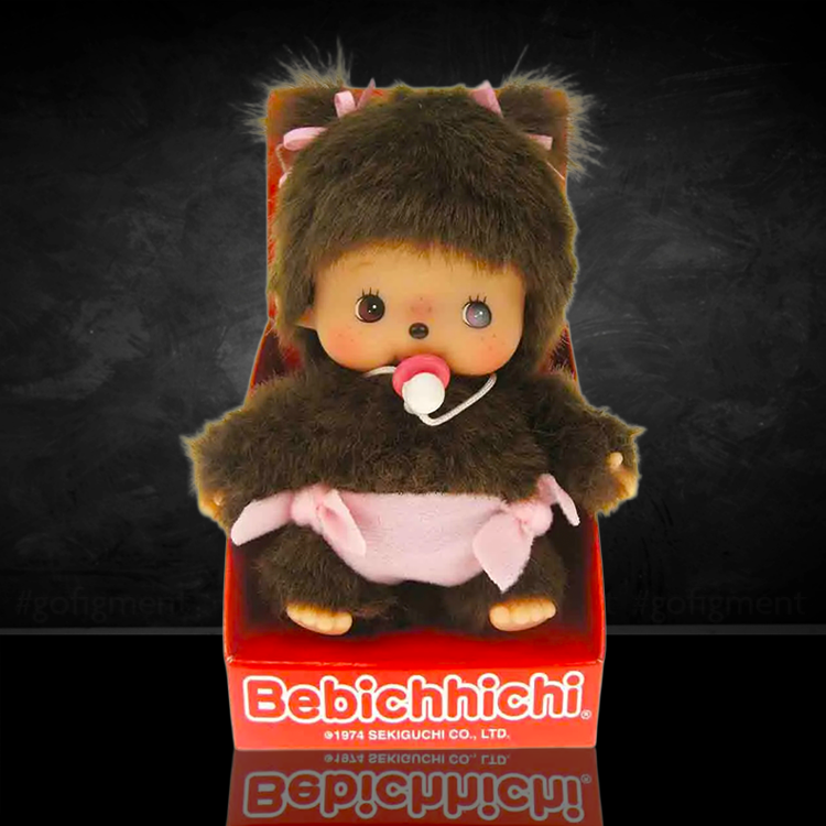 Sekiguchi Bebichhichi Sakura Girl plush with brown fur, pink bows, and pacifier in red display box