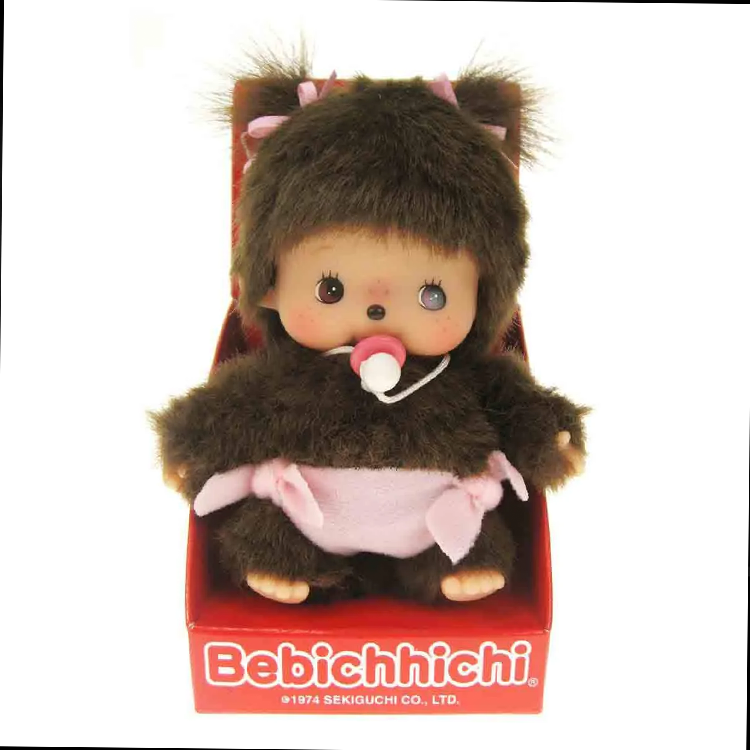 Sekiguchi Monchhichi Bebichhichi Sakura Girl plush with twin bows and pacifier in original red display box