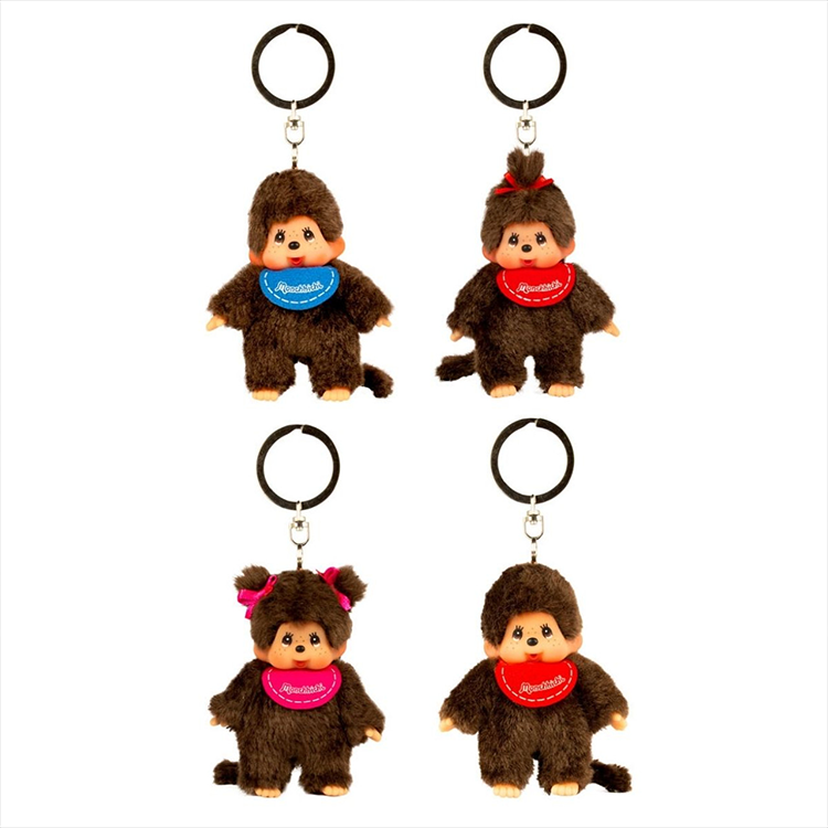 Four Sekiguchi Monchhichi plush keychains featuring classic designs with bibs and distinct hairstyles on white background.