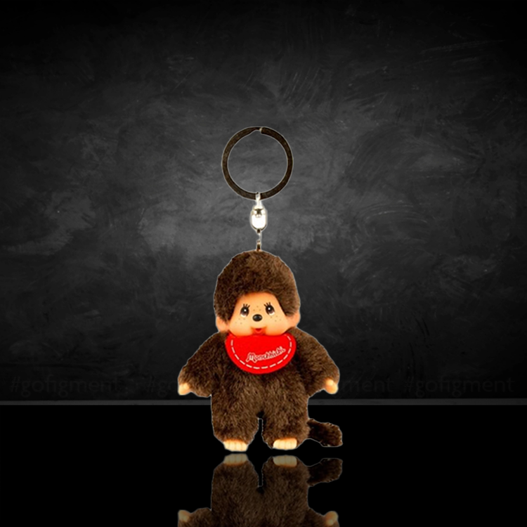 Sekiguchi Monchhichi Classic Boy plush keychain with red bib, soft and collectible 4-inch accessory
