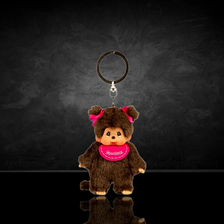 Sekiguchi Monchhichi 4-inch plush keychain featuring classic girl with pigtails and pink bib design