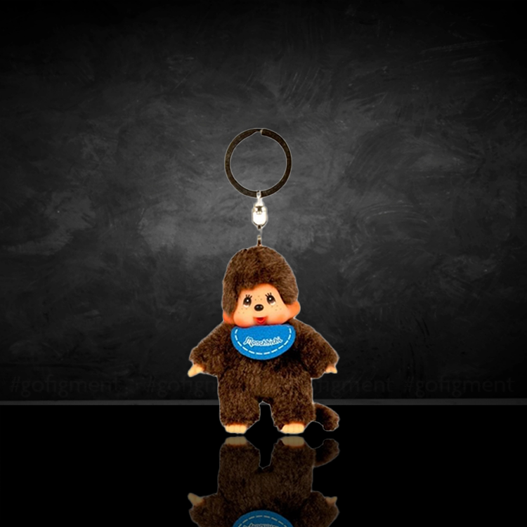 Sekiguchi Monchhichi Classic Boy plush keychain with blue bib, soft and collectible 4-inch travel companion.