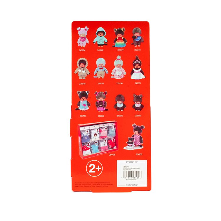 Sekiguchi Monchhichi plush toy packaging showing multiple collectible doll designs on a red background.
