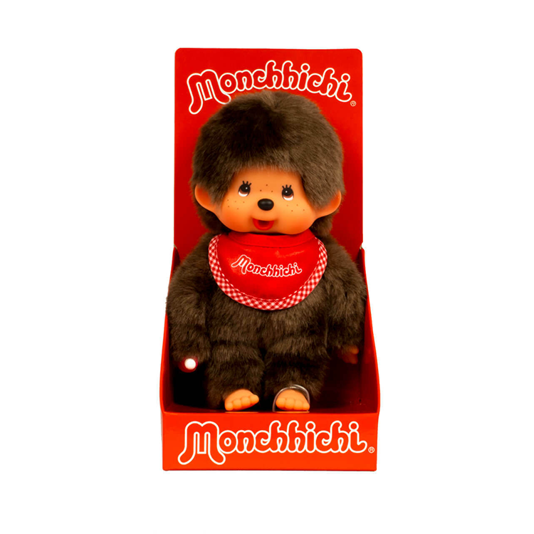 Sekiguchi Monchhichi 8-inch classic plush monkey with soft fur and bright red bib in branded display box