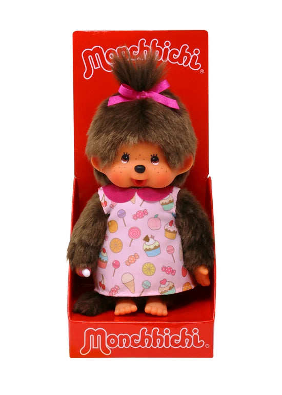 Monchhichi Pop N Candy Series Girl Candy Dress 8 Inch Plush Doll by Sekiguchi in red packaging