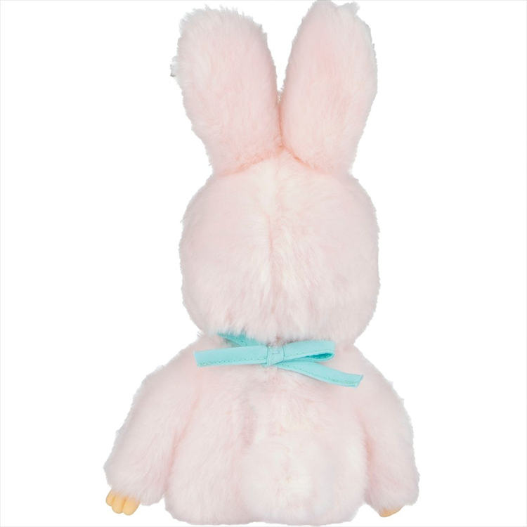 Sekiguchi pink Monchhichi Chimutan plush bunny with baby blue ribbon bow back view collectible toy