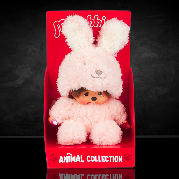Sekiguchi Monchhichi 7-inch plush doll in a pink fluffy bunny costume sitting in red display box.