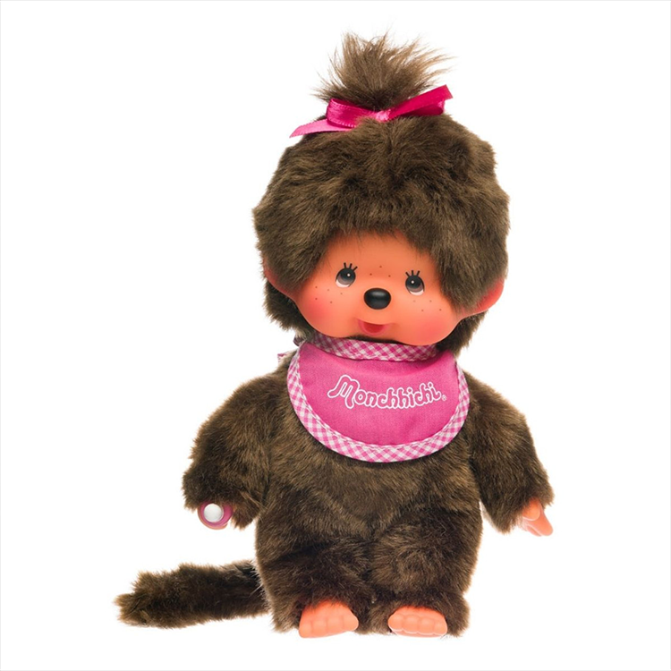 Sekiguchi Monchhichi Classic Girl plush with pink bib and thumb in mouth, 8 inch collectible toy.