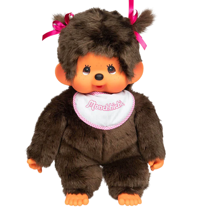 Sekiguchi 18-inch classic Monchhichi girl plush doll with soft brown fur and pink bib accessory.