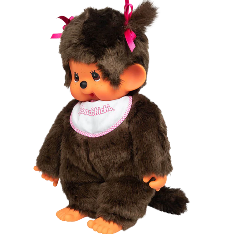 Sekiguchi 18-inch Monchhichi plush girl monkey in classic brown fur with pink bib and ribbon details