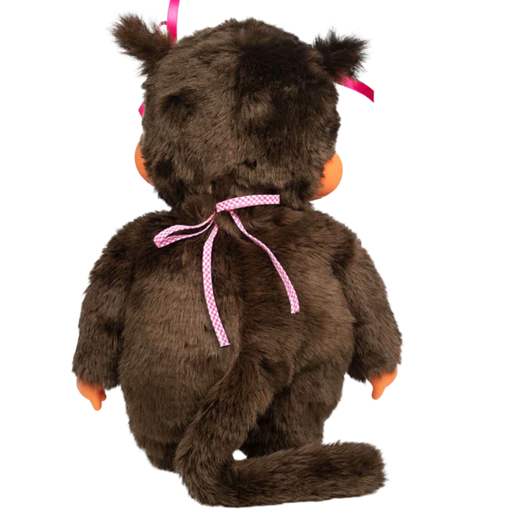 Back view of Sekiguchi 18-inch Monchhichi classic girl plush with brown fur and pink ribbon bow