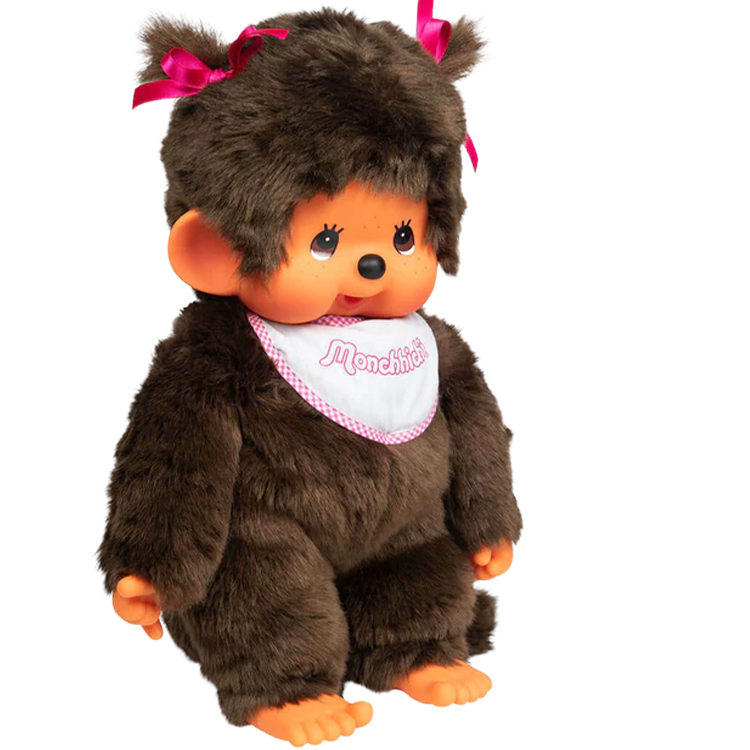 Sekiguchi 18-inch Monchhichi Classic Girl plush with soft brown fur and pink bib for collectors and fans.