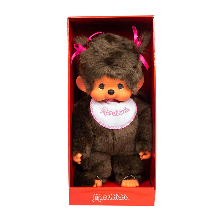 Sekiguchi Monchhichi 18-inch plush girl monkey with pink bib and ribbons in original red box
