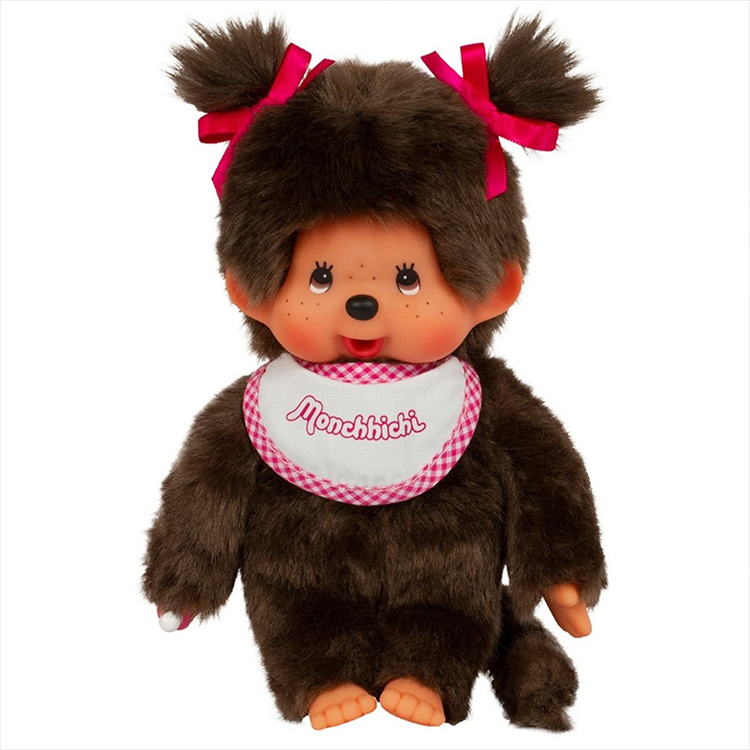 Sekiguchi Monchhichi classic plush girl with pink bows and white-pink bib collectible monkey toy
