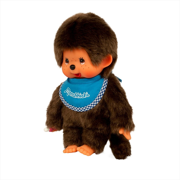 Sekiguchi Monchhichi 8-inch plush monkey with soft fur and blue bib, classic thumb-sucking pose collectible toy.