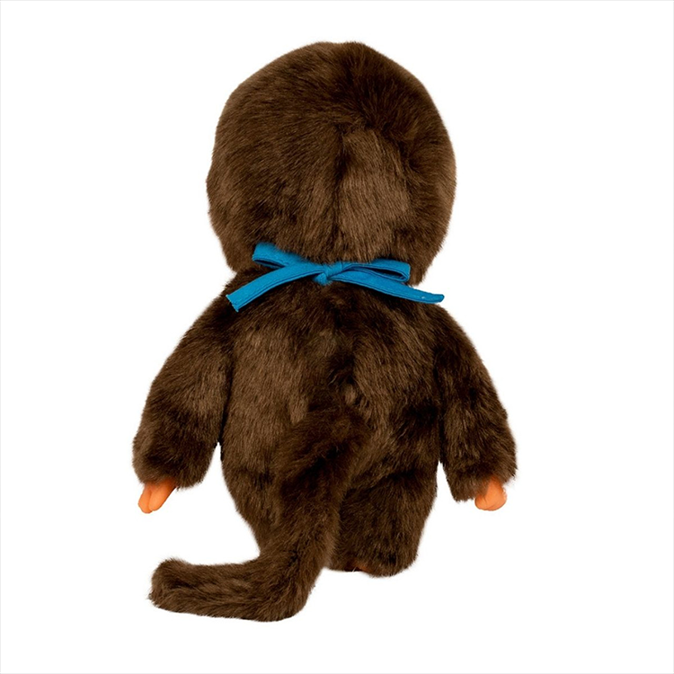 Back view of Sekiguchi Monchhichi Classic Boy plush monkey wearing a blue bib, soft brown fur.