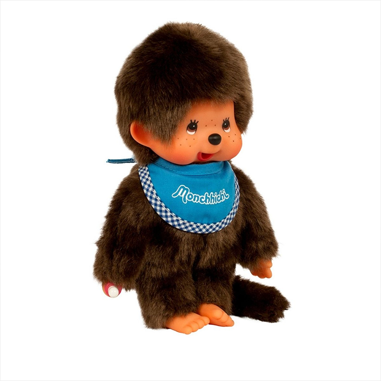 Sekiguchi Monchhichi Classic 8-inch plush monkey with blue bib and thumb in mouth collectible toy