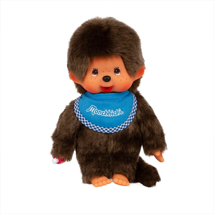 Sekiguchi Monchhichi classic 8 inch plush monkey wearing blue bib with thumb in mouth collectible toy