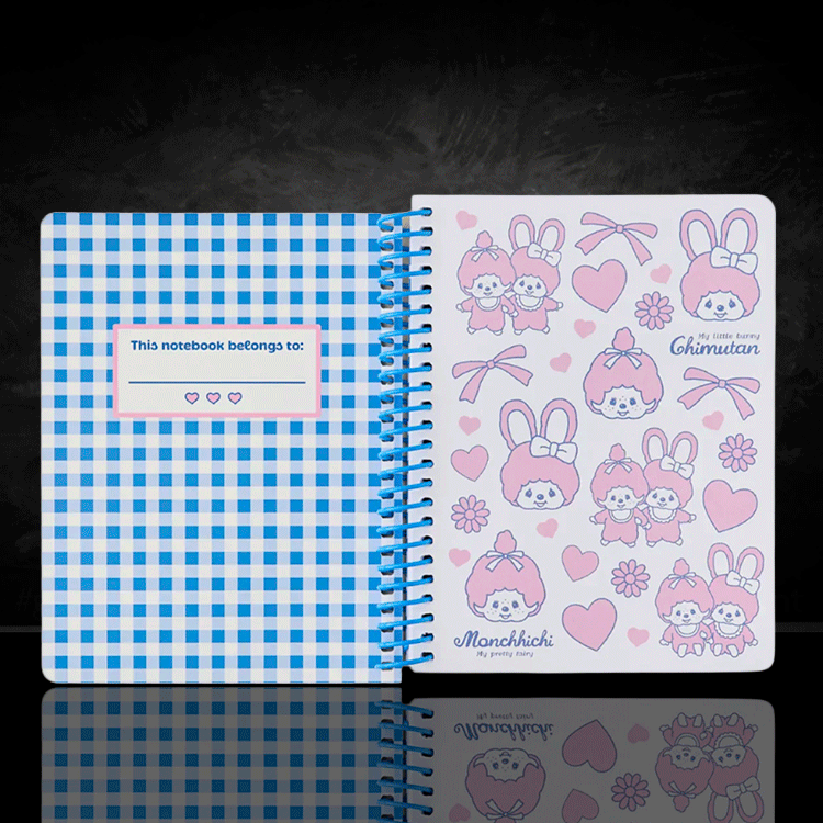 Go Figment Monchhichi & Chimutan spiral journal with blue checkered left page and pink character pattern on right page